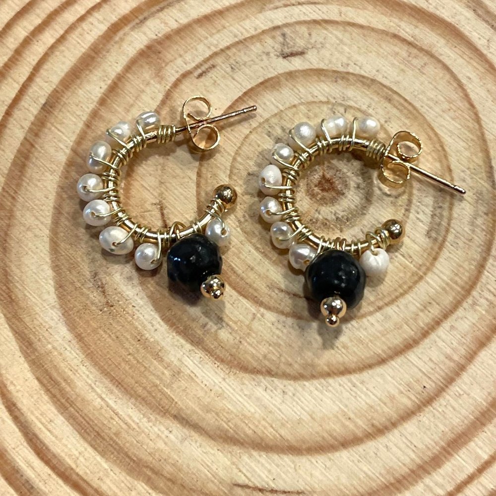 Gold Hoop Earrings with White Pearls and Black Bead Accent